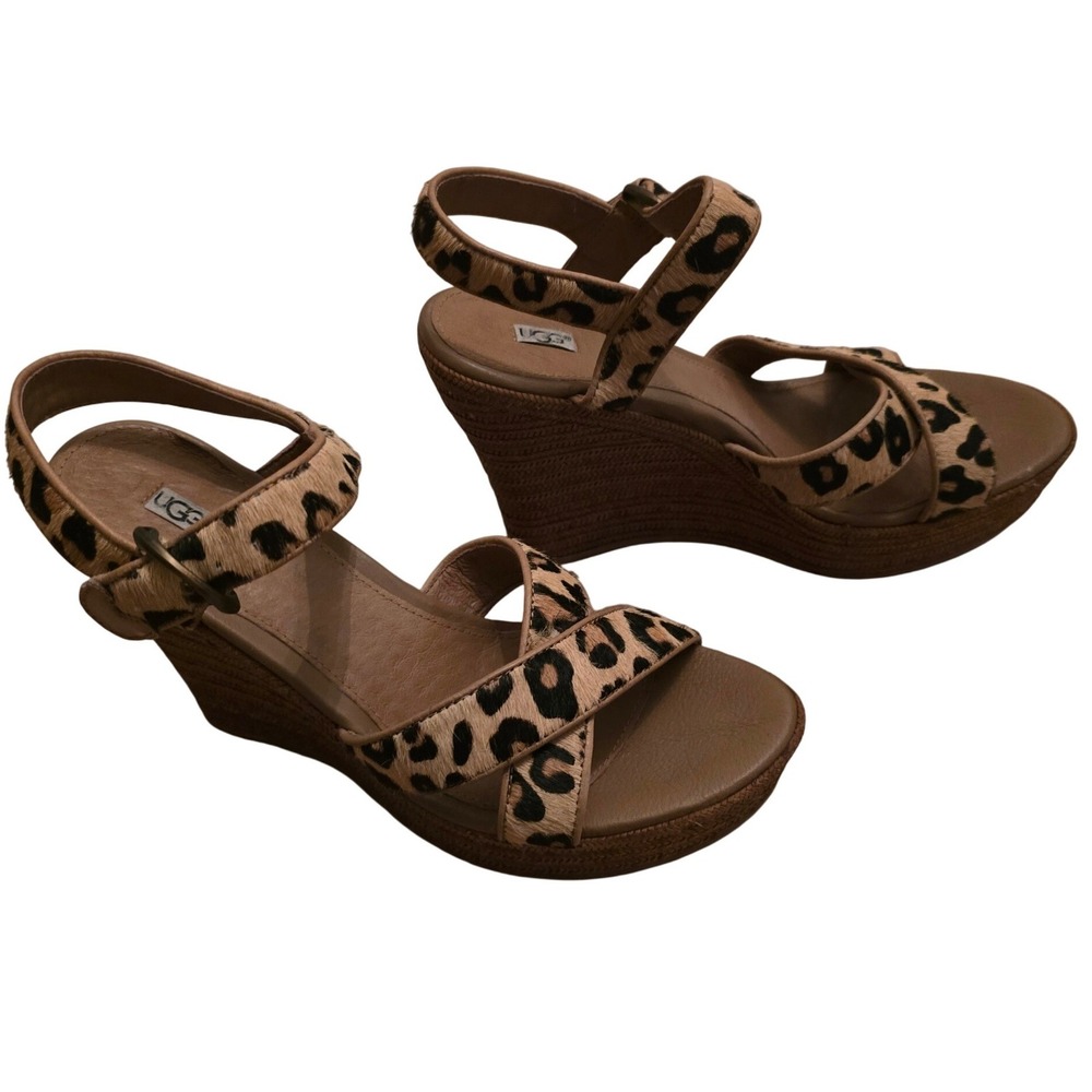 UGG Jazmine Leopard Calf Hair Wedge Sandal 8 Animal Print‎ Boho Resortwear